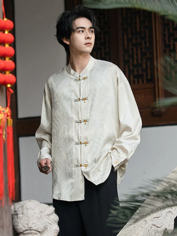 

Новая мужская рубашка в китайском стиле из атласа с вышивкой, на пуговицах, повседневная верхняя одежда для весны и осени, молодежная модная свободная рубашка с длинным рукавом