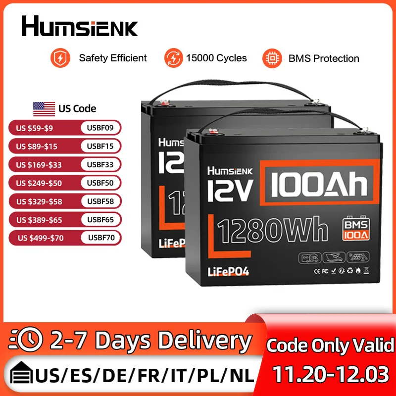 Humsienk LiFePO4 batterie au Lithium 12V 100Ah intégré 100A BMS Rechargeable pour RV/vanettes/chariot de Golf/Marine/Camping/hors réseau