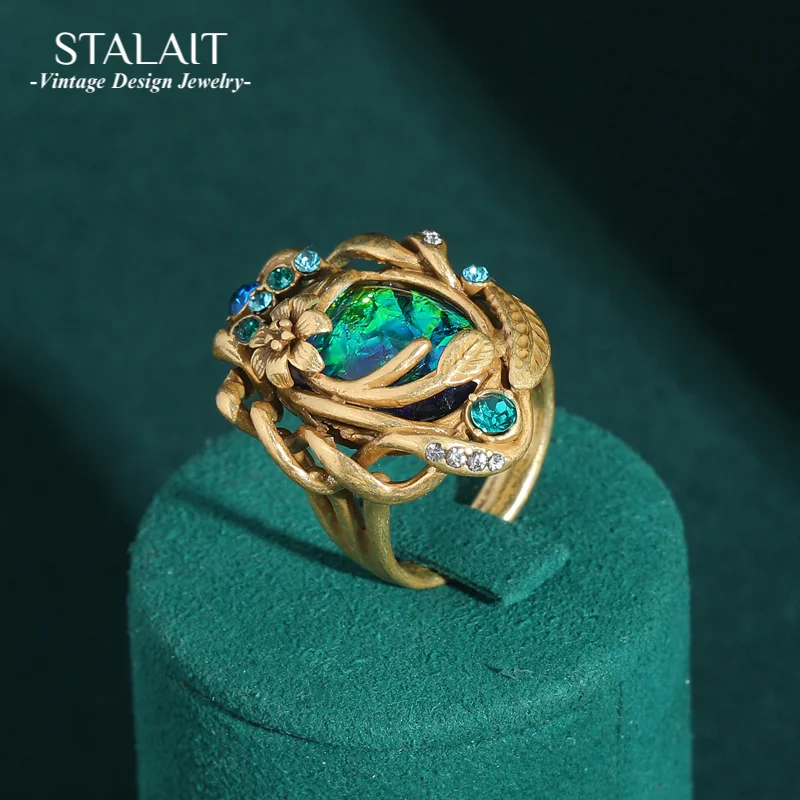 

Vintage Green Abalone Shell Rings Unique Bohemia Gold Color Petals Luxury Antique Jewelry for Women Party Accessories Wedding