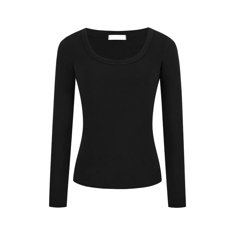Outono inverno simples manga longa feminino base topos velo-forrado quente fino u-pescoço camisetas para mulher y2k coreano sólido casual camisetas