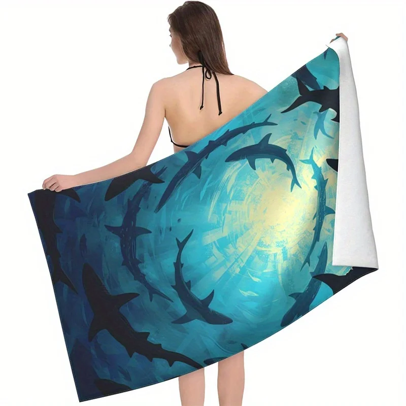 Beach towel shark print pattern sun protection windproof suitable for swimming pool camping travel blanket