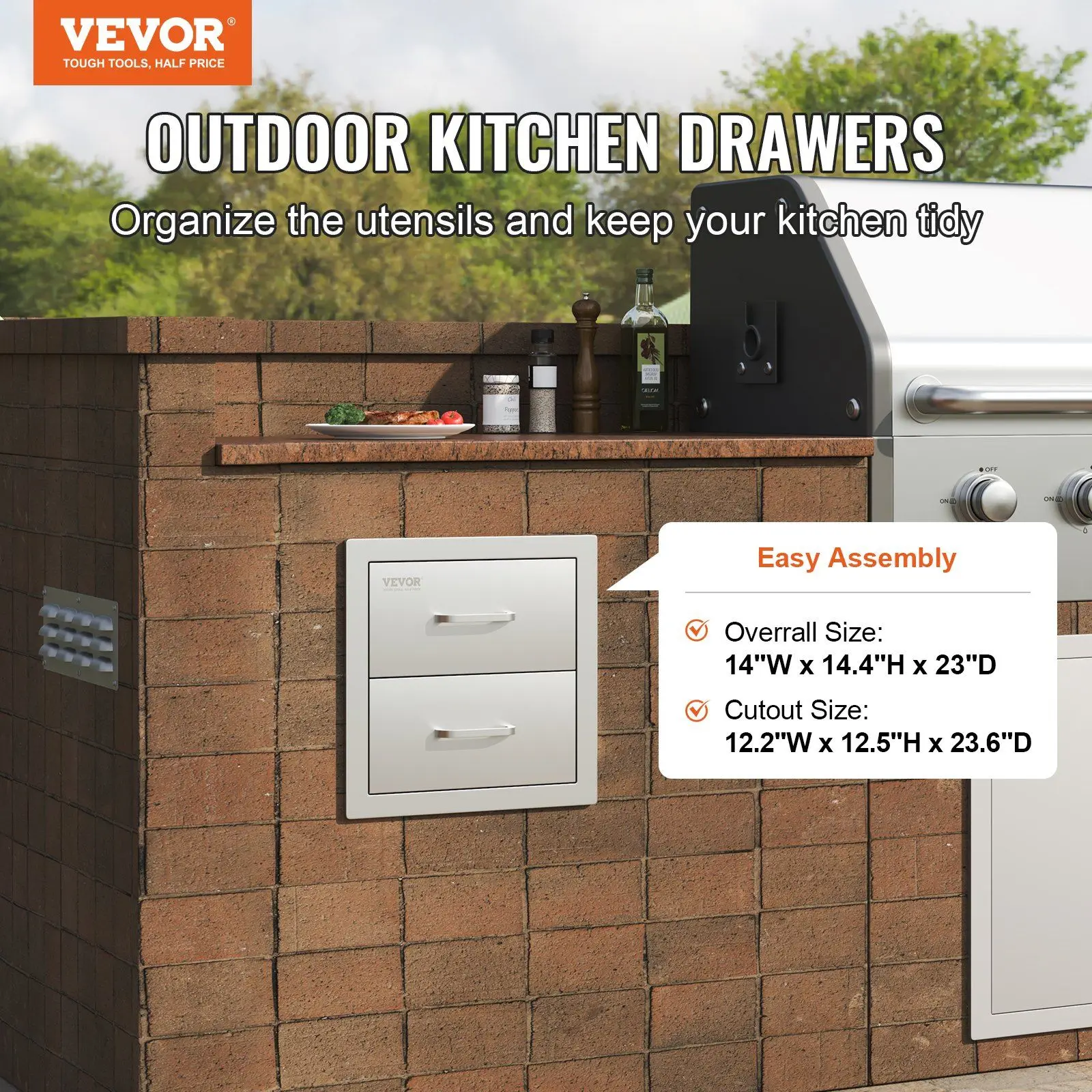 Outdoor Kitchen Drawers 14W x 14.4H x 23D Inch, Flush Mount Double BBQ Stainless Steel with Handle, Island for or Grill Station