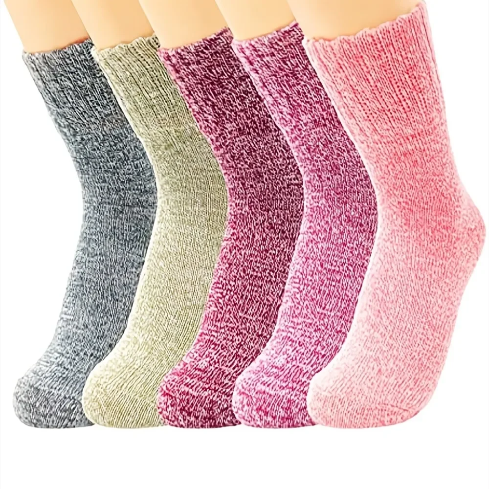 5 Pairs Thick Knit Warm Socks, Soft & Comfy Mid Tube Socks, Women\'s Stockings & Hosiery