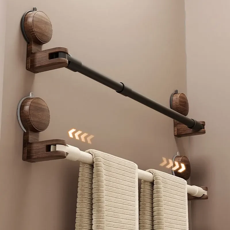 

Suction Cup Retractable Towel Rack Bathroom Storage No Drilling Walnut Wood Pole For Towels Holder