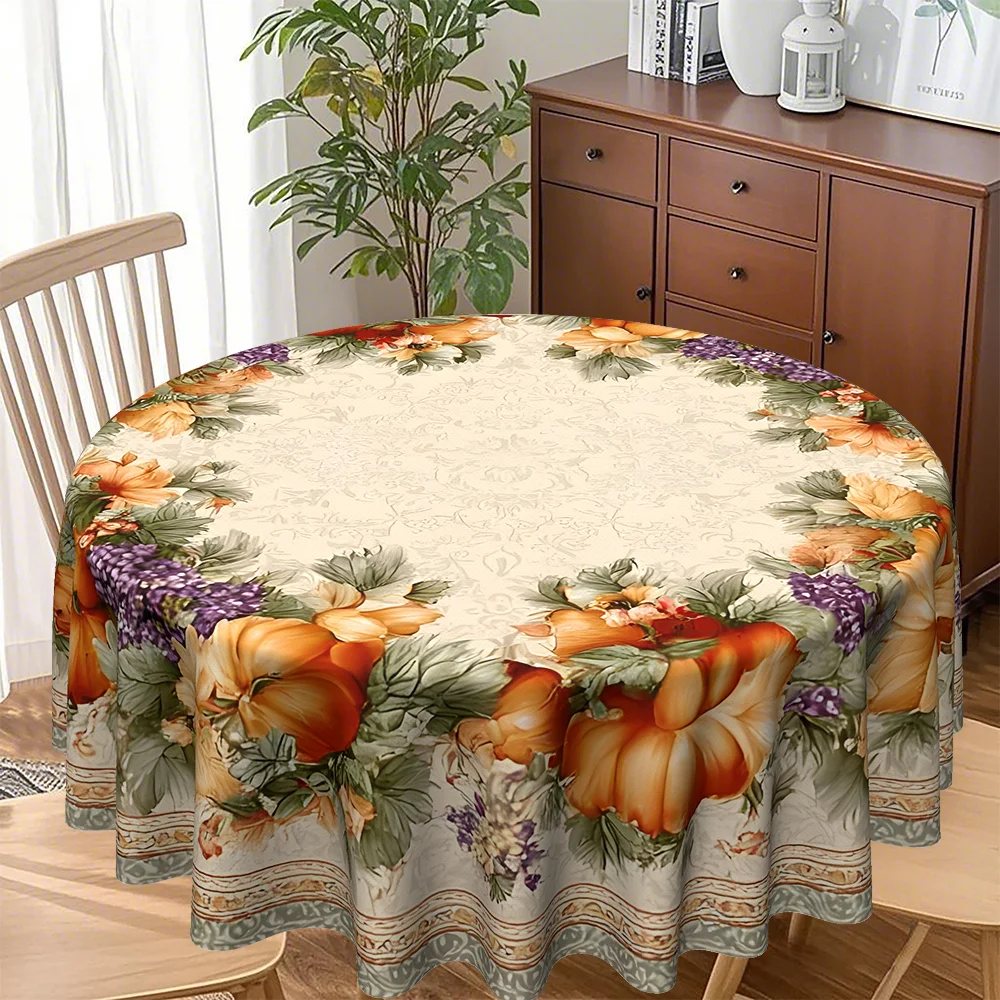 Round Tablecloth with Watercolor Autumn Floral Pumpkin Maple Leaf Beige Lace-like Pattern Creamy White Golden Harvest