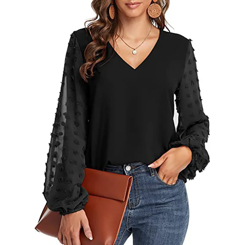 

Women's Elegant Chiffon Shirt Autumn Winter V-neck Spliced Jacquard Long Sleeved Pullover Loose Chiffon Top Shirts