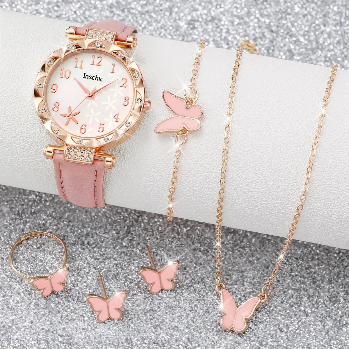 Women\'s Pink Analog Quartz Bracelet Set Fashion Waterproof Flower Shaped Watch Amazon.com: ADSBIAOYE Women main image 3