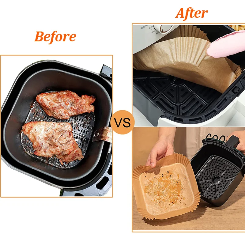 50/300Pcs Air Fryer Disposable Paper Air Fryer Accessories Square Round Oil-proof Liner Non-Stick Mat for Kitchen Oven Baking