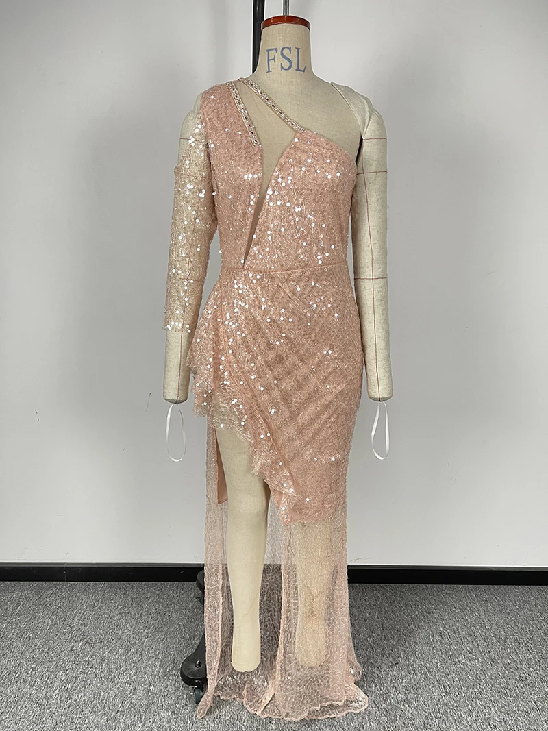 Robe de soirée à paillettes de luxe pour femmes, robes évidées, robes de demoiselle d'honneur fendues, volants sexy, robes éducatives féminines