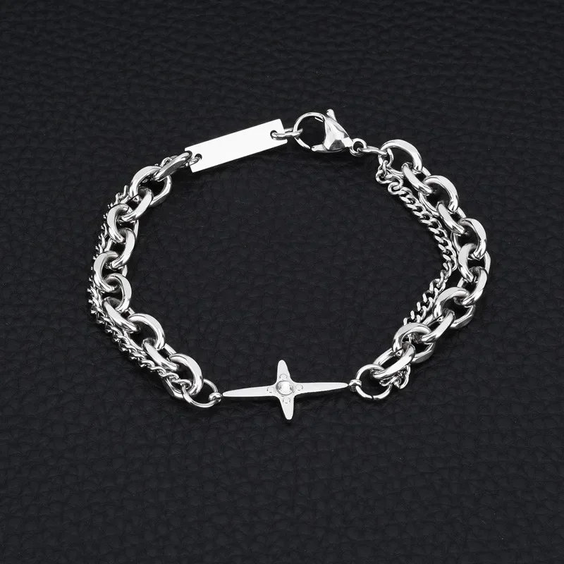 العصرية شخصية الشظية اللون الفولاذ المقاوم للصدأ ستار الصليب سلسلة سميكة أساور قلادة مجموعة للنساء الرجال الشرير الهيب هوب مجوهرات #3