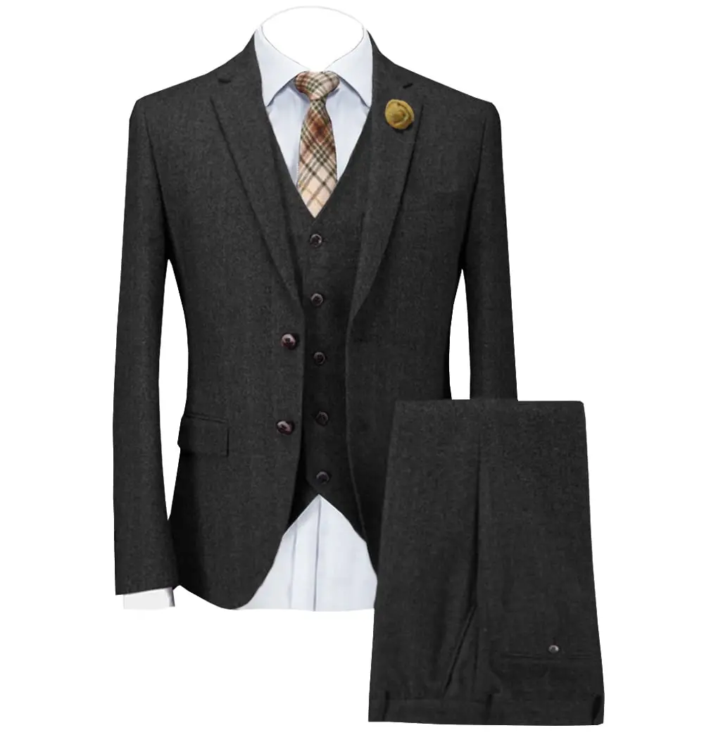 

Mens Tweed Herringbone Suit Vintage Tailored Modern Fit Suit 3 Pieces Vent Tuxedos