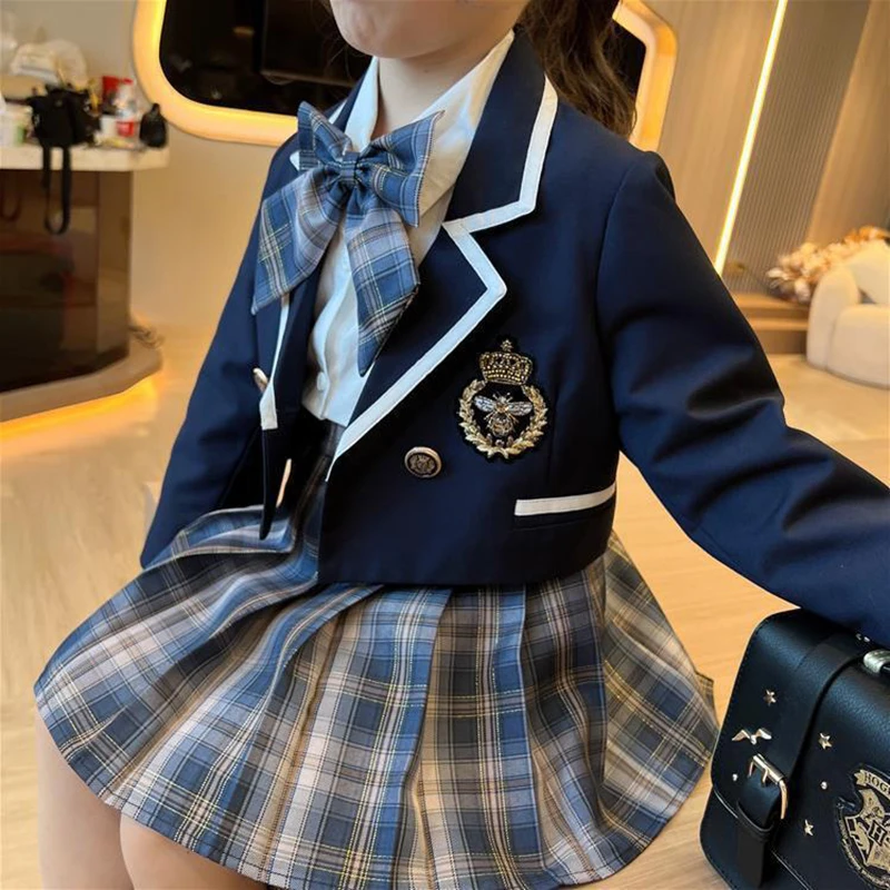 Children Girl Uniform Pleated Skirts Kids School Style High Waist Plaid Skirt Cute Jk Uniforms For Girls Full Set 6 8 9 10 Years