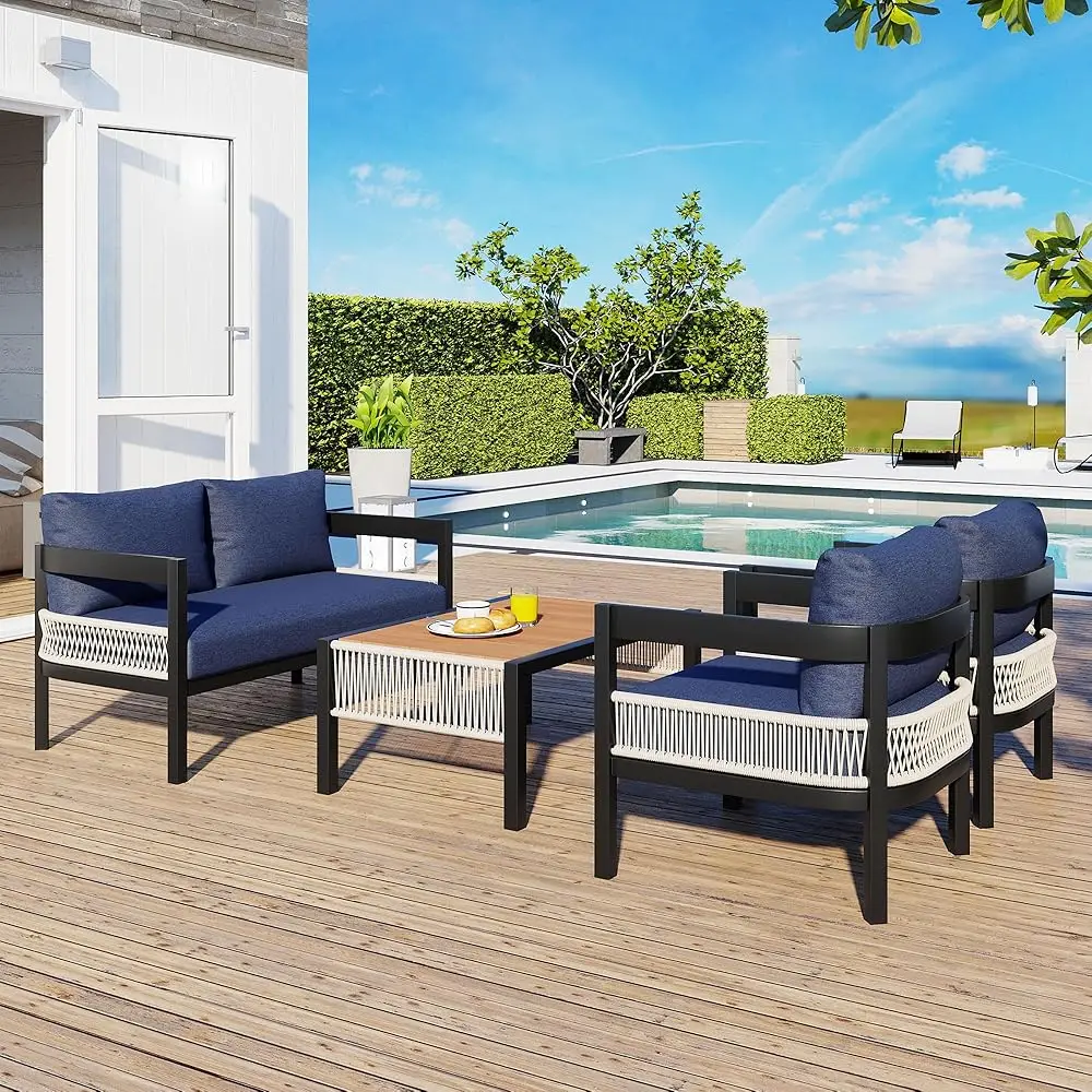 

4-Pieces Outdoor Patio Sofa Set With Coffee Table, All-Weather Conversation Set With Thi Cushions And Pillows For Garden