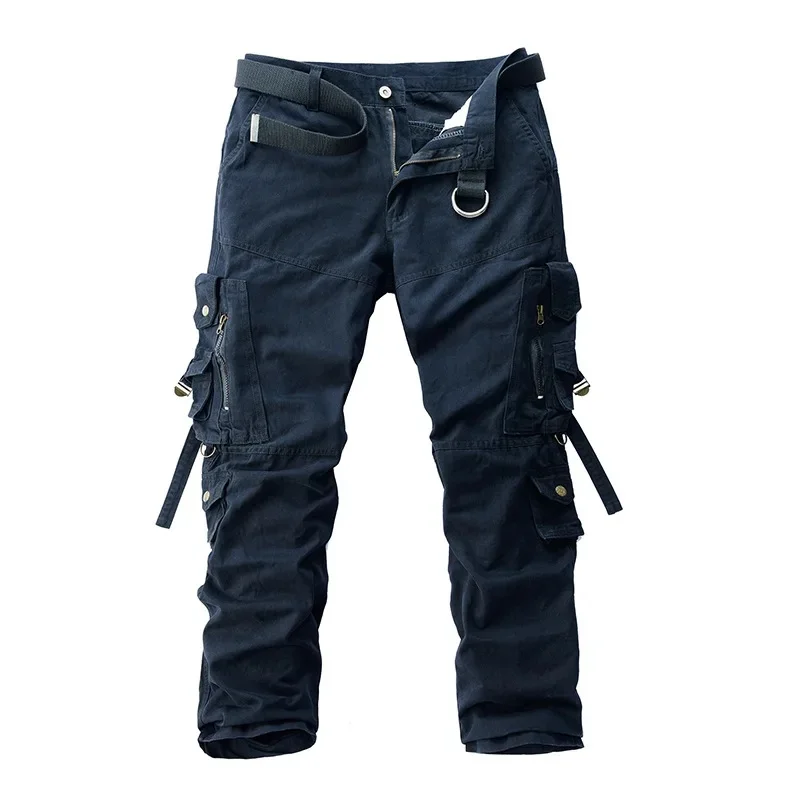 Men's Cargo Pants Solid Loose Multi-Pocket Cotton Casual Work Trousers Windproof Safari Style Full Length Pants Without Belt