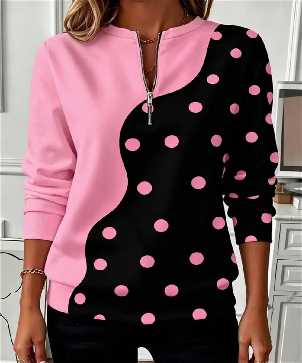 2026 Spring and Autumn Women's New Wave Curve Contrast Split Printed Long Sleeve Top, Suitable for Daily Commuting