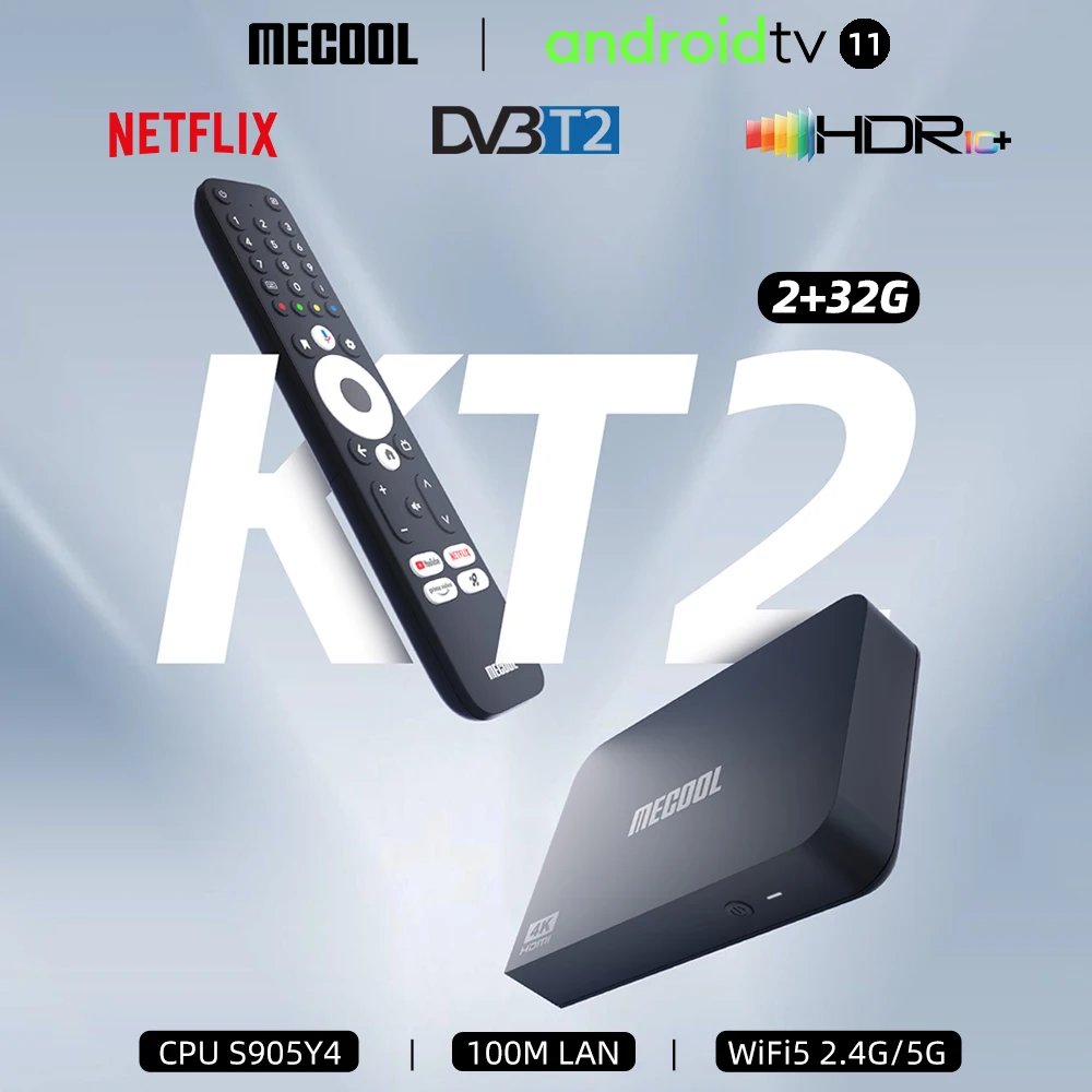 MECOOL DVB Android TV Box KT2 مع Google Netflix 4K معتمد 2GB 32GB DVB T2/T HDR10+ BT 5.0 WIFI2.4G/5G 100M IPTV Streaming
