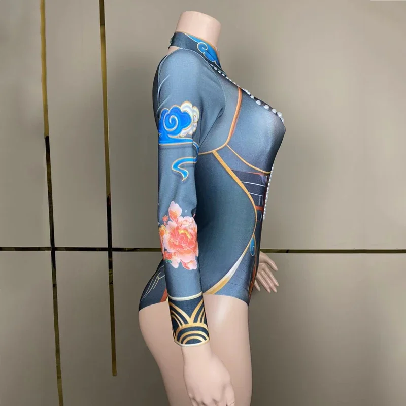 레트로 프린트 페이크 퍼스펙티브 바디수트 드레스 여성 파티 페스티벌 의상 할로윈 나이트클럽 DJ DS 고고 코스튬 레이브 웨어 6979