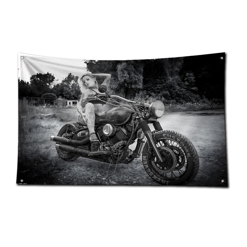 3x5 Ft Sexy Lady Banner Flag Motorcycle Works Repair Authorized Dealer Poster Wall Art Decor Advertisement Vintage Sign Pub Club