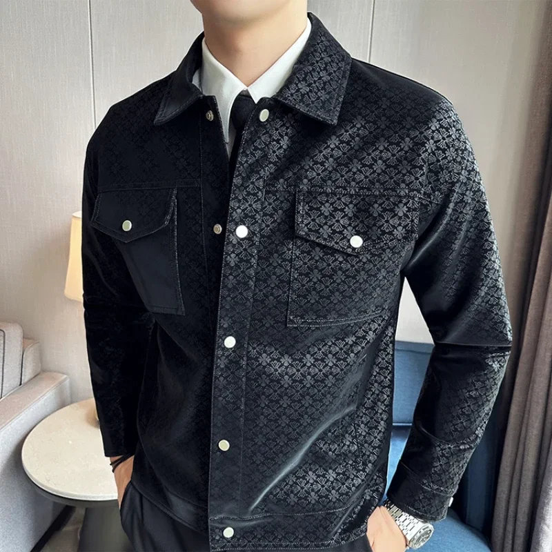 2023 Autumn New Full Print Pattern PU Leather Jackets Fashion Brand Lapel Short Motorcycle Jacket Men Slim Casual Business Coat