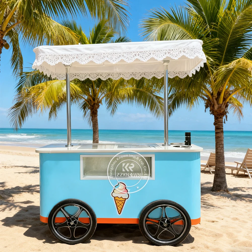 New Type Ice Cream Vending Cart Tricycles Stainless Steel Cooling Display Cart with Umbrella and Built-in Refrigerator