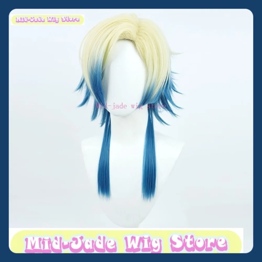 منتصف اليشم شعر مستعار مخزن الأزرق قفل Kaiser شعر مستعار تأثيري أنيمي لعبة لعب الأدوار هالوين زي الدعائم الشعر الاصطناعية #4