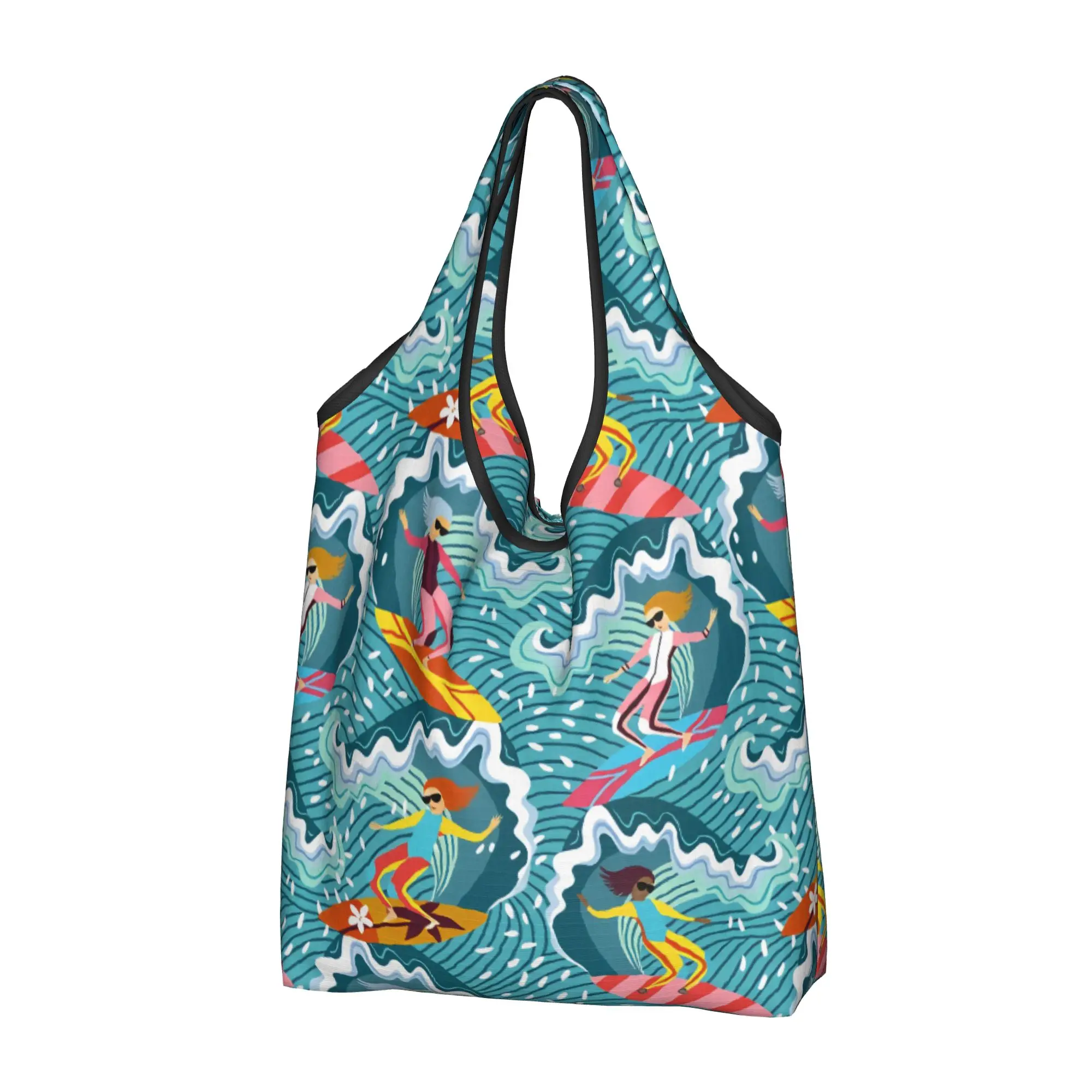 Funny Surfing Girls Ocean Waves Shopping Tote Bags Portable Japanese Style Seamless Pattern Grocery Shopper Shoulder Bag