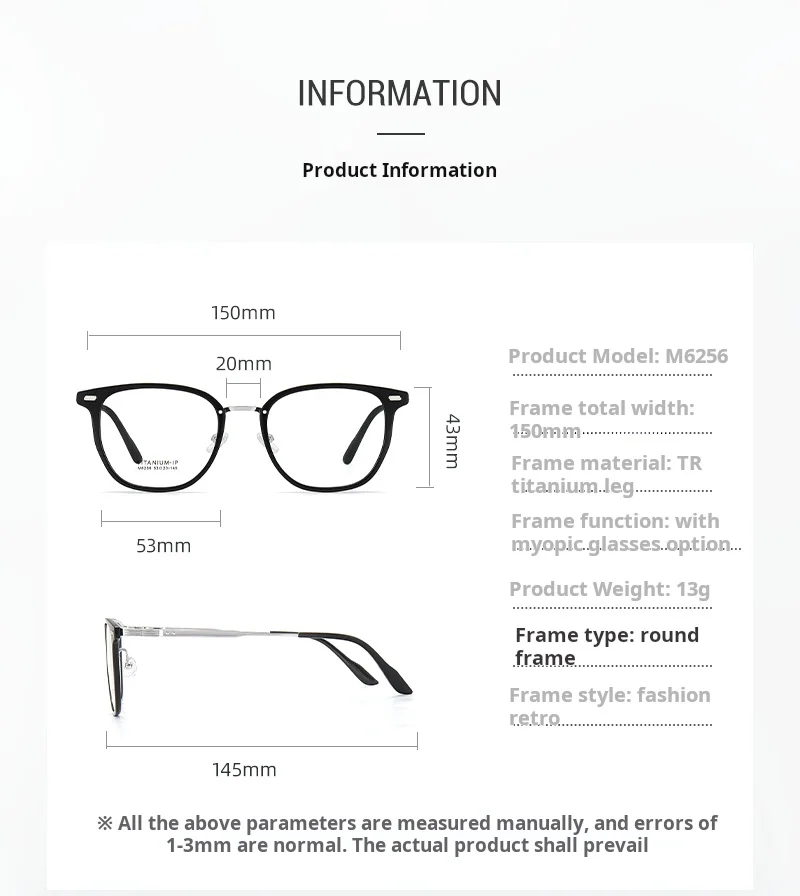 Xbora M6256 Eyeglasses — Frame Dimensions & Sizing Chart