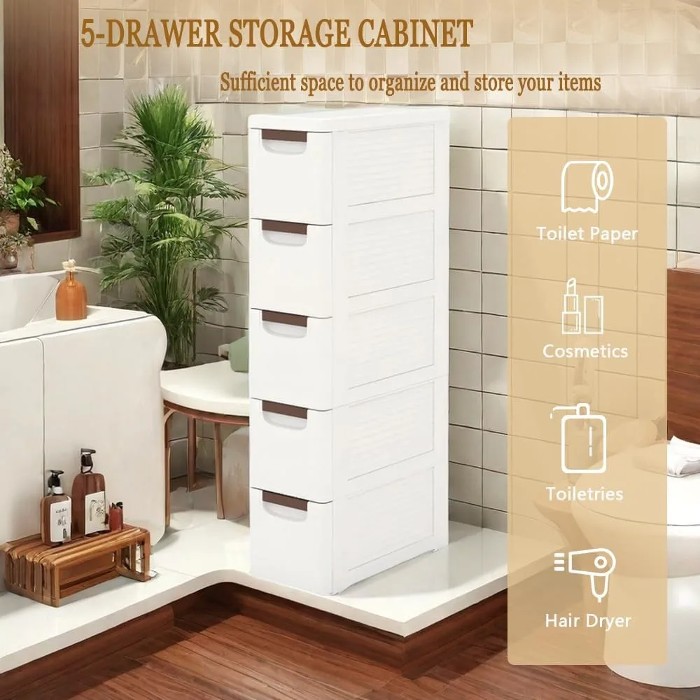 Narrow 5-Tier Storage Cabinet with Slim Drawers, Rolling Plastic Organizer for Living Room and Bathroom Use
