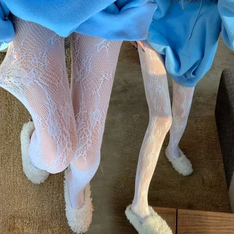 Sexy Black White Lolita Hollowed Lace Mesh Stockings Bottomed Pantyhose Japanese Goth Floral Rattan Tights Hot Classic Leggings