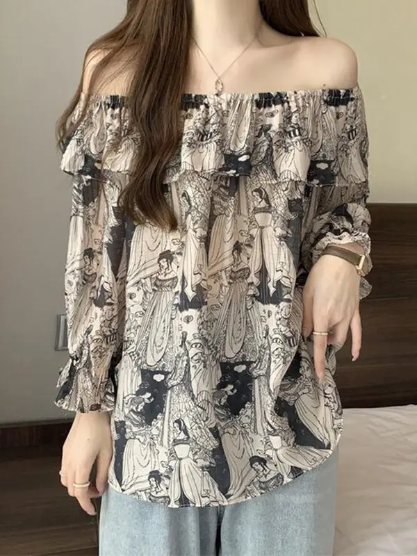 Ink Painting One-shoulder Shirt Women Large Size Slim and Loose Temperament Top Pullover Summer