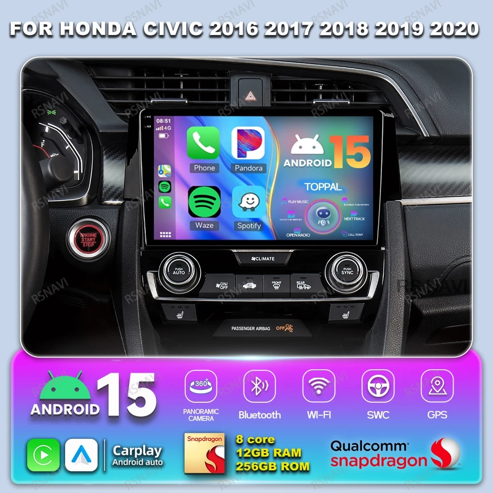 

Android 15 Car Radio For Honda Civic 2016 2017 2018 2019 2020 4G LTE Navigation Qualcomm QLED Stereo DSP Viedo Player Multimedia
