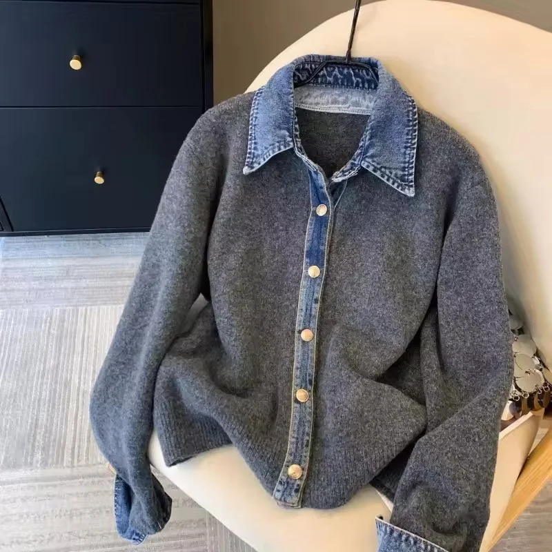 

Korean Denim Shirt Collar Stitching Fake Two-piece Sweater Women AutumnWinter Cardigan Chic High-Grade Knitted Coat Female Tops