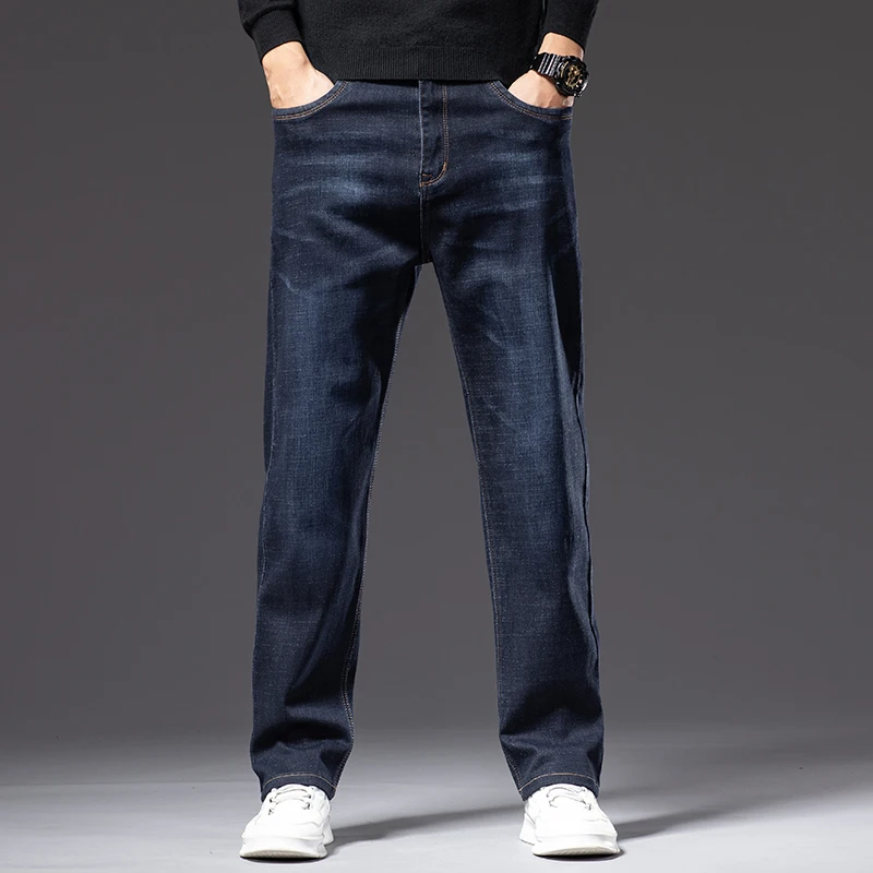 Dark Blue Autumn and Winter Men's Straight Loose Jeans Business Casual Large Size Cotton Elasticity Denim Pants Male Brand