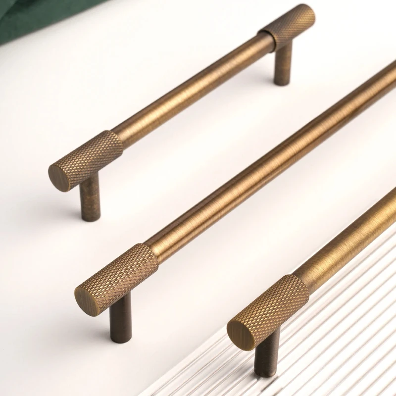 Solid Brass Furniture Handles Cross Knurled Single Hole Drawer Knobs T Bar Bronze Wardrobe Kitchen Cabinet Long Pulls