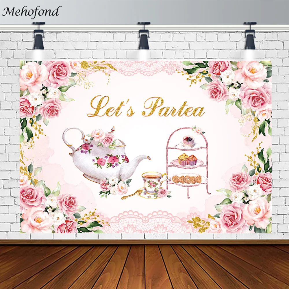 Let's Partea Backdrop Banner Floral Tea Party Decoration Pink Bridal Shower Birthday Party Photography Background Photo Props