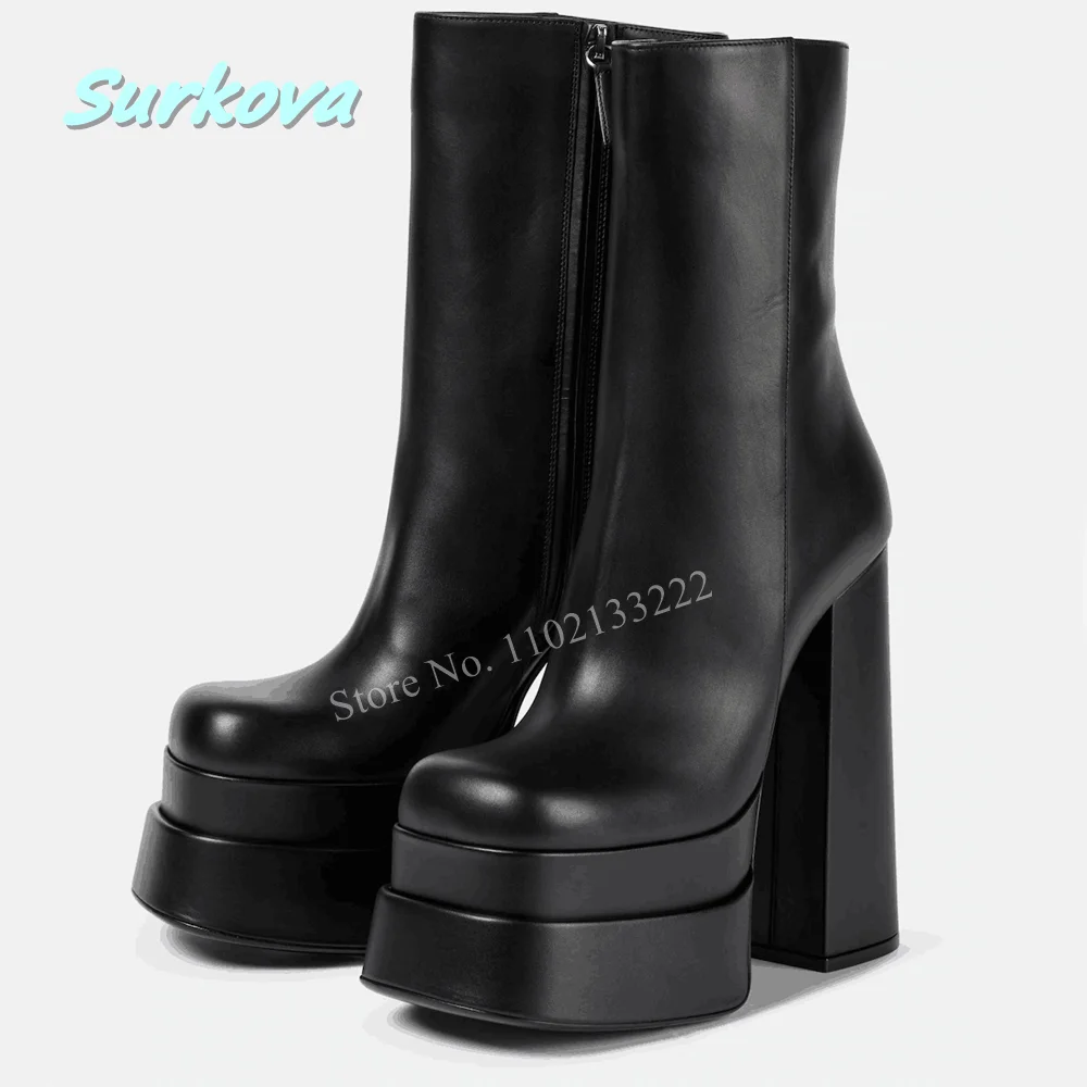 Black Leather Platform Ankle Boots Solid Chunky High Heels Side Zipper Newest Fashion Sexy Comfortable High Quality Women Shoes