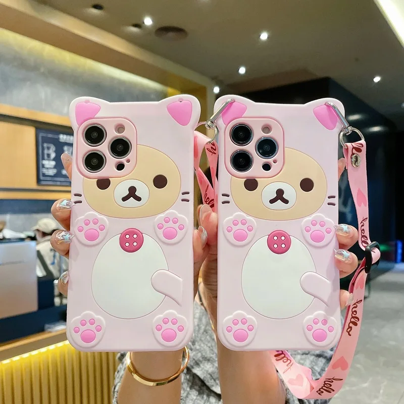 3D Cute Rilakkuma Bear For Samsung Galaxy S26 S25 S24 S23 S22 S21 S20 Plus Ultra FE S8 S9 S10 Crossbody Rope Lanyard Phone Case