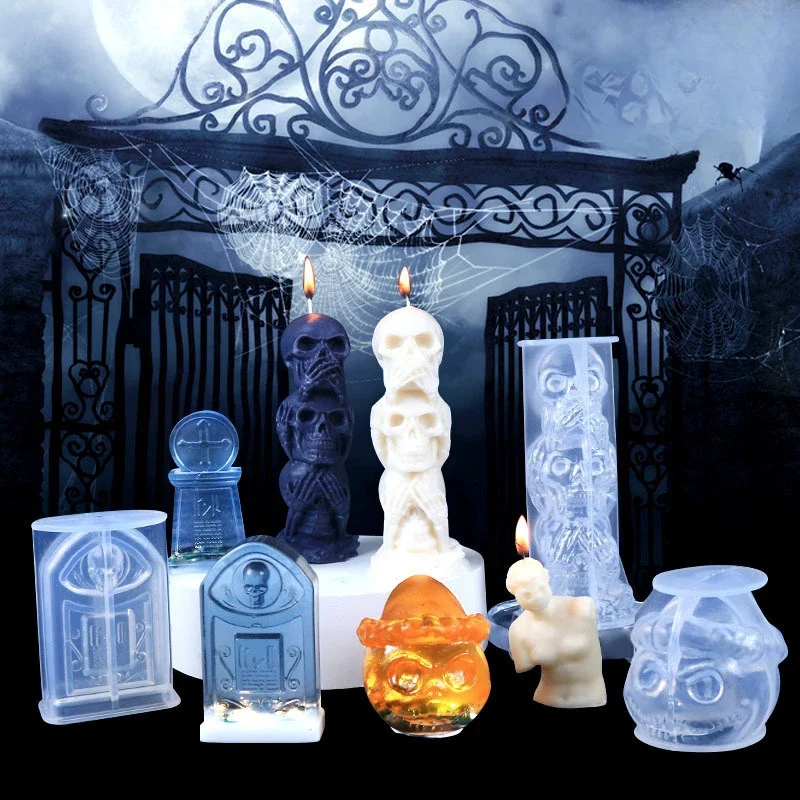 Halloween Tombstone Skull Series Candle Silicone Mold DIY Aromatherapy Candle Plaster Craft Mold Halloween Decoration Gifts