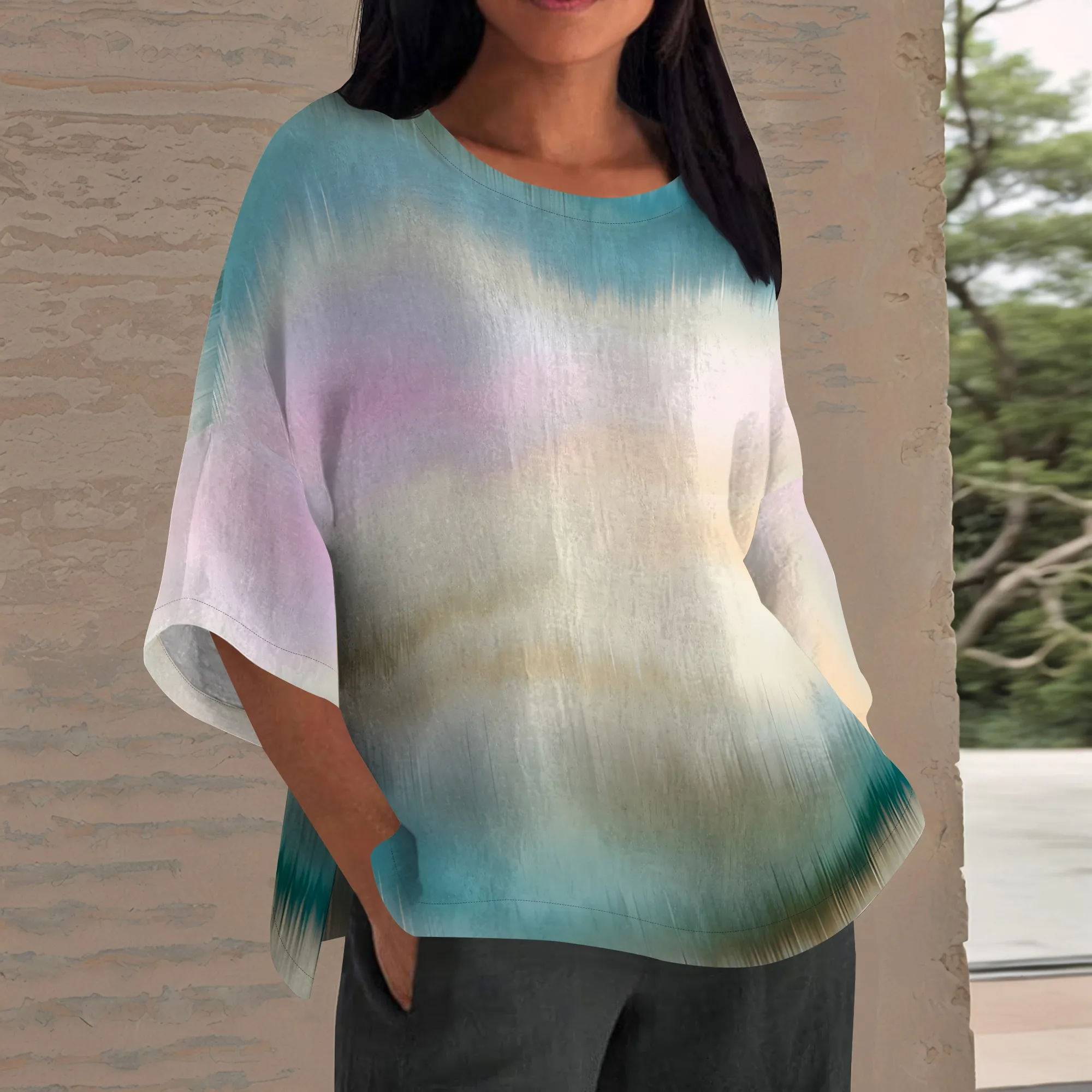 

EQQZD Half Sleeved Crew-Neck Top, Colorful Tie-Dye Print Tos for Women, Stylish & Casual Loose Tops