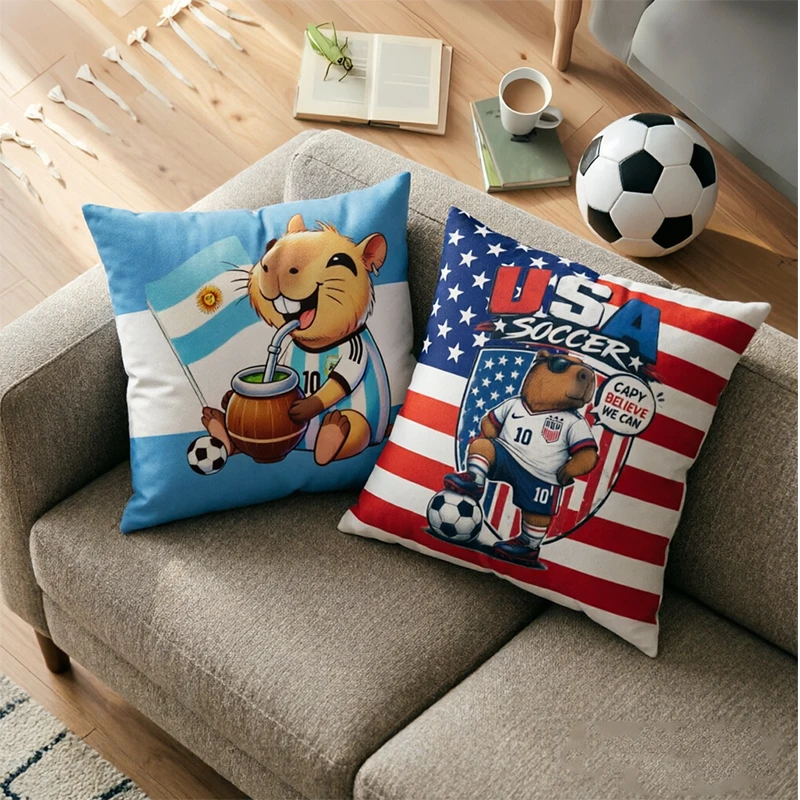 Cute Capybara Football Pillow Cover for Bedroom Room Living Room Sofa Decorative Soccer Competition Cushion Cover