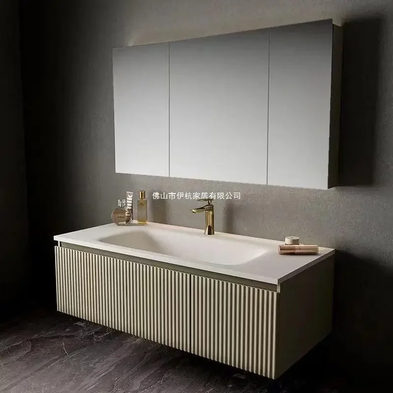 Light Luxury Oak Bathroom Cabinet LED Smart Mirror Slate Integrated Washbasin Bathroom Vanity Sink Cabinet Bathroom Furniture