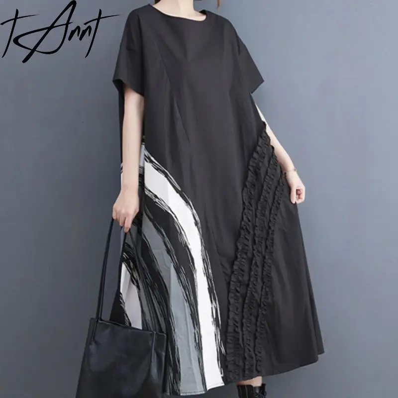 

Tannt Women Dress Short-sleeved Printing Shirt Dresses Fashion Casual Color Matching Long Summer Shirts Long Dresses 2025 New