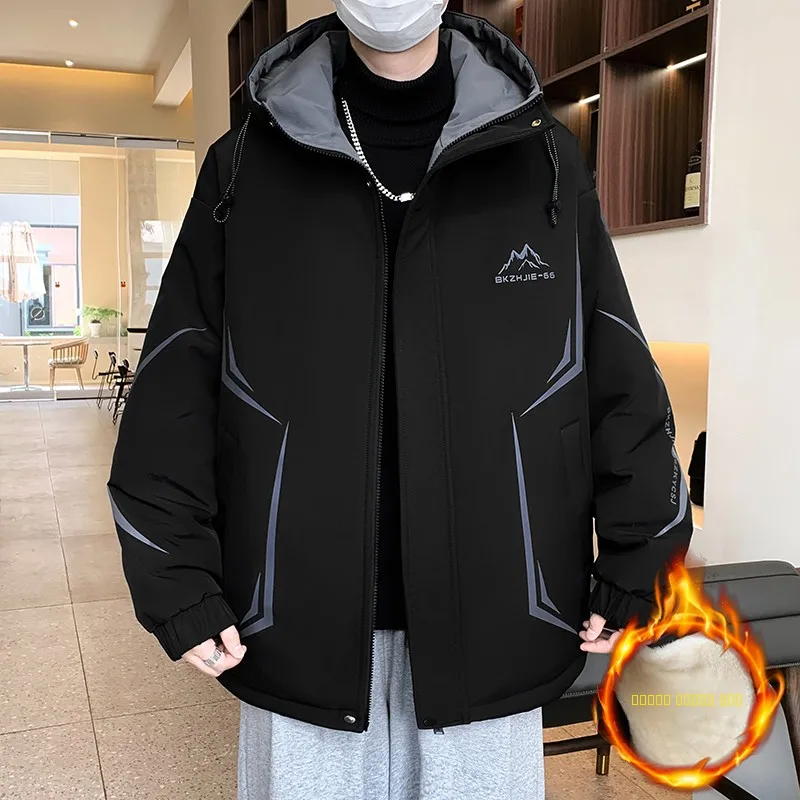 

Мужская зимняя куртка с флисовой подкладкой, с капюшоном, рабочая одежда, утепленная теплая ветровка для активного отдыха, свободный крой, молодежная, из полиэстера