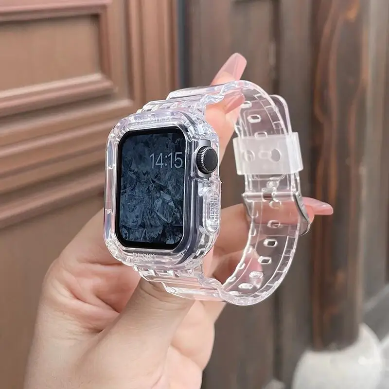 Transparentes Band + Hülle für Apple Watch Serie 7 8 9 41 mm 45 mm 5 4 3 2 40 mm 44 mm 38 mm 42 mm transparentes Armband für IWatch Ultra 2 1 49 mm