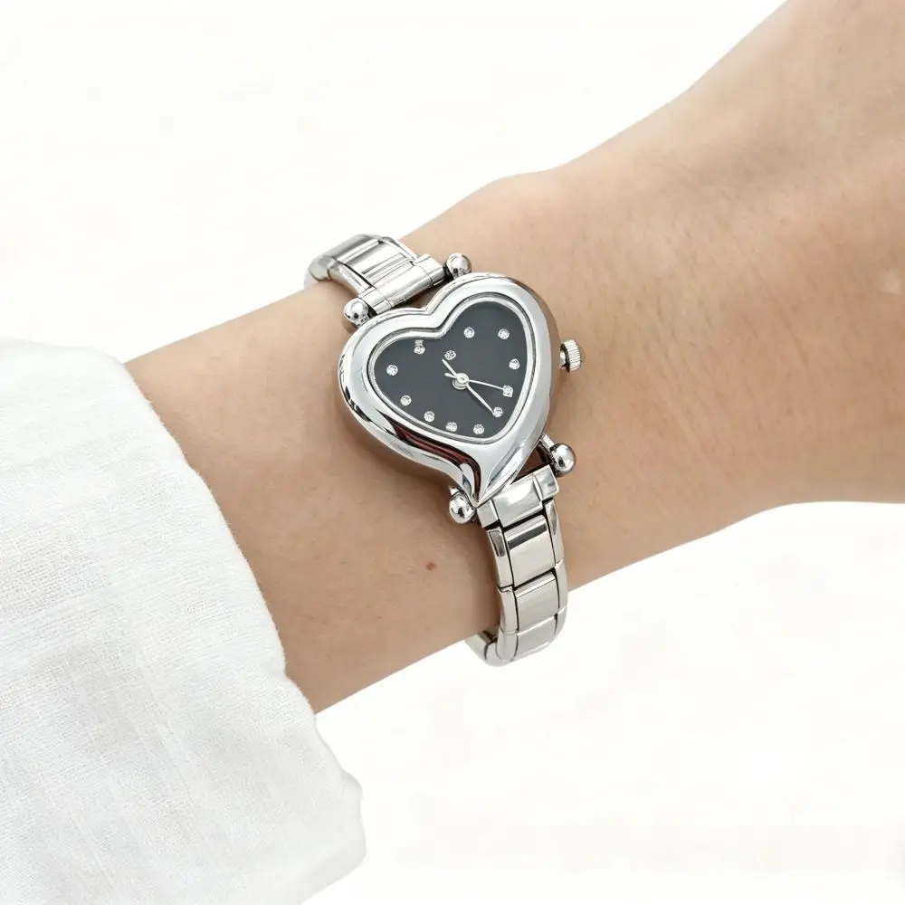 Stylish Stainless Steel Charm Watch Hypoallergenic Heart Shape Watch Bracelet Adjustable Bracelet Bangle Jewelry Accessories