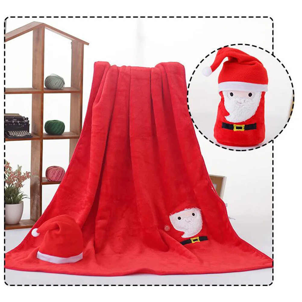 

Creative Christmas Santa Claus Blanket and Hat Set Lightweight Soft Flannel Sleeping Blanket Kids Pets Couch Cover 80x100cm