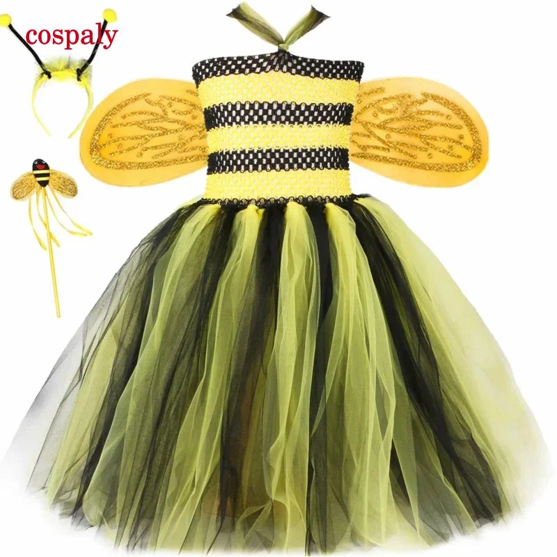 Little Bee Costume For Girls Fancy Party Tutu Dress Up Kids Halloween Carnival Purim Honeybee Costumes With Fairy Wings Headband