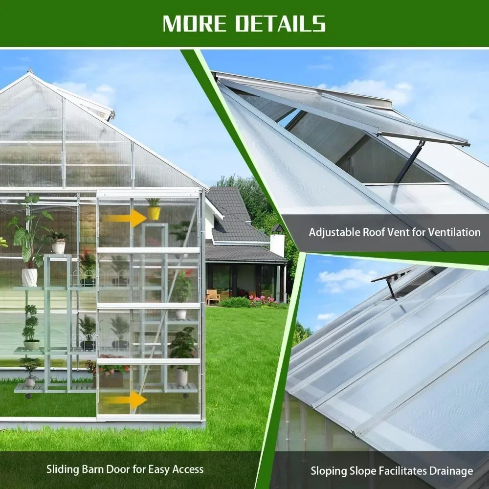 10' x 16' Outdoor Aluminum Greenhouse Polycarbonate with Adjustable Roof Vent and Sliding Door for Backyard Garden in Winter