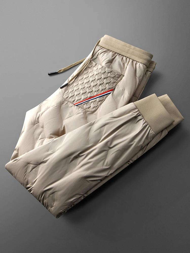 

Зимние утепленные мужские повседневные брюки из пухового материала, облегающие, для активного отдыха, ветрозащитные, водонепроницаемые, легкие, из мягкой ткани