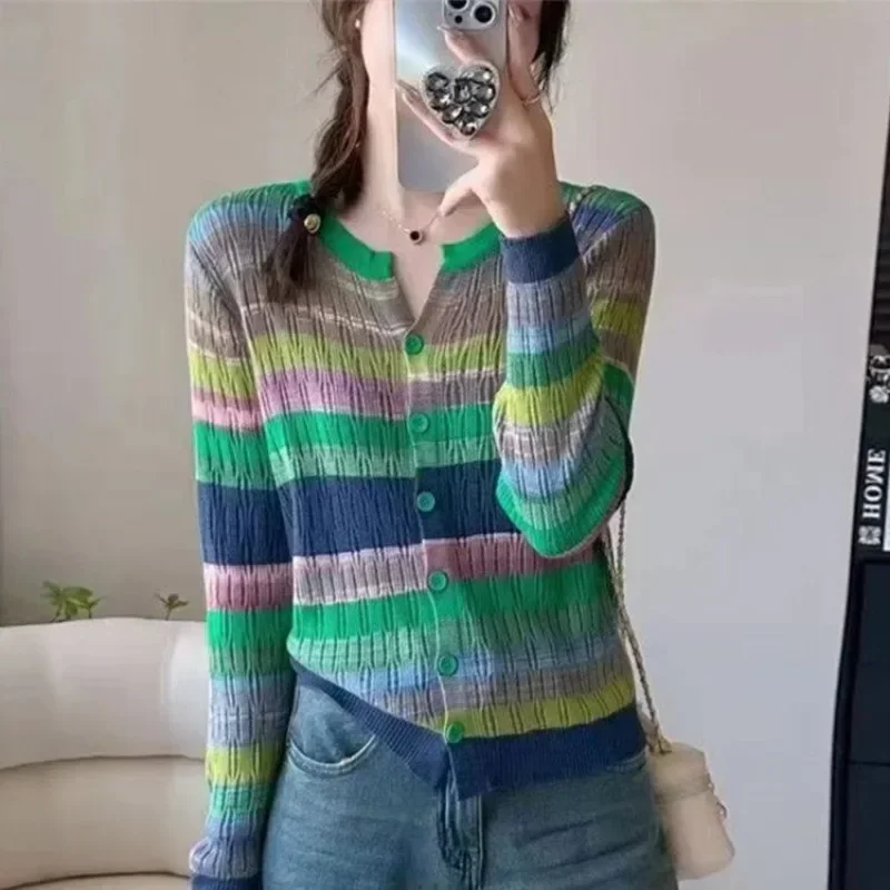 Rainbow Striped Round O Neck Knitted Sweater Woman Y2k Youth Hot Attractive 2024 Trend Trending Fashion Light Cardigan for Women